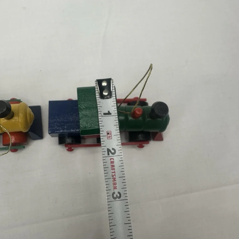 Lot / 3 Old-School Wood Block Locomotive Train Christmas Ornament Rolling Wheels